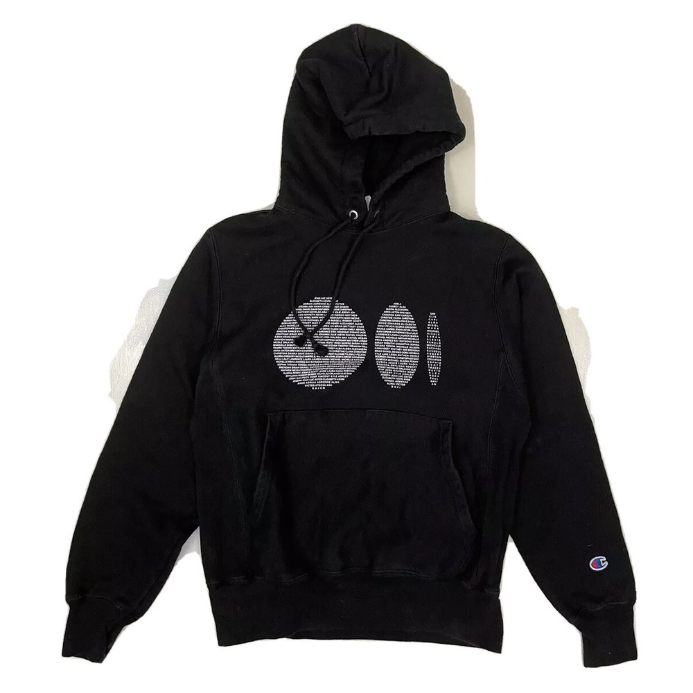 Vintage Champion Men's Small Hoodie Reverse Weave Black Graphic Print Pullover‎